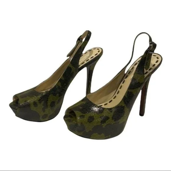 Enzo Angiolini Green And Black Leopard Print Platform Slingback Heels Size 7.5 - Picture 1 of 7
